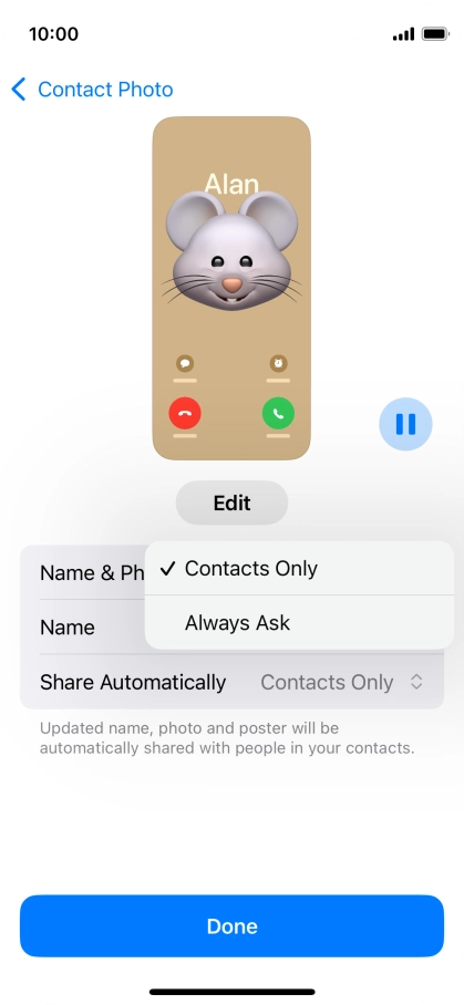 Press the required setting.