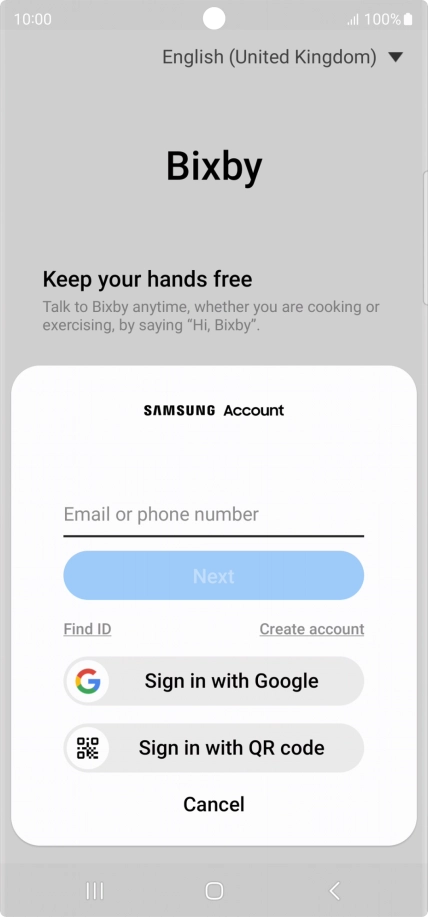 If you don't have a Samsung account, press Create account and follow the instructions on the screen to create an account.