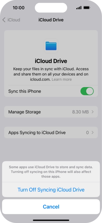 If you turn off the function, press Turn Off Syncing iCloud Drive.