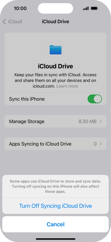 If you turn off the function, press Turn Off Syncing iCloud Drive.