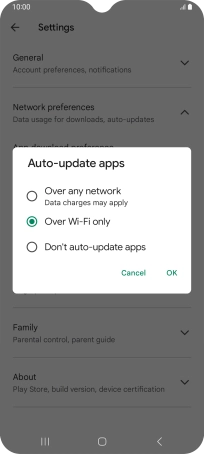 To turn on automatic update of apps using mobile network, press Over any network.