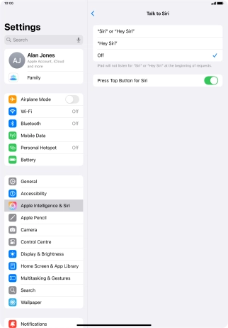 Press the required setting to turn the function on or off. If you turn on the function, you need to follow the instructions on the screen to set up Siri to recognise your voice.