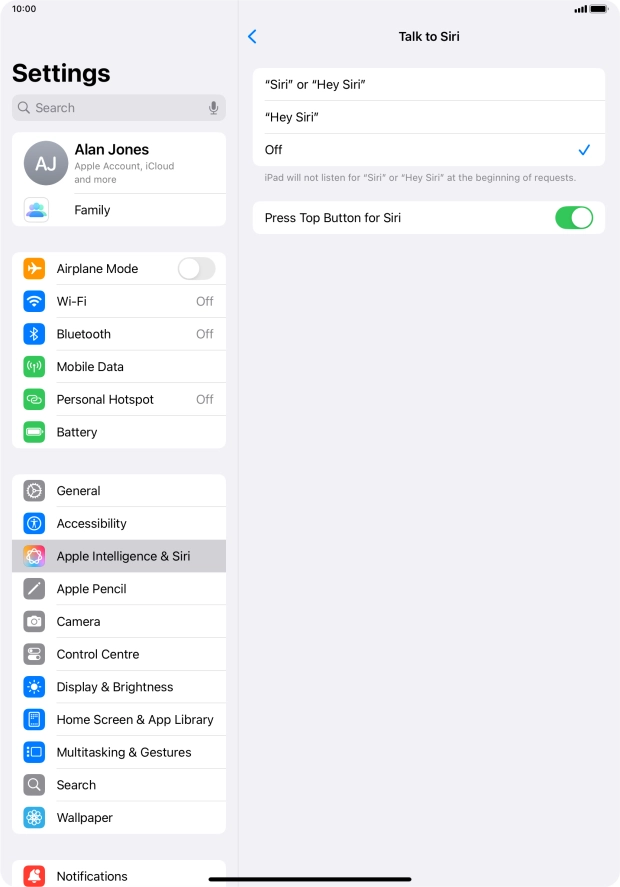 Press the required setting to turn the function on or off. If you turn on the function, you need to follow the instructions on the screen to set up Siri to recognise your voice.