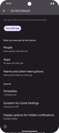 Press Turn on now to turn the function on or off.