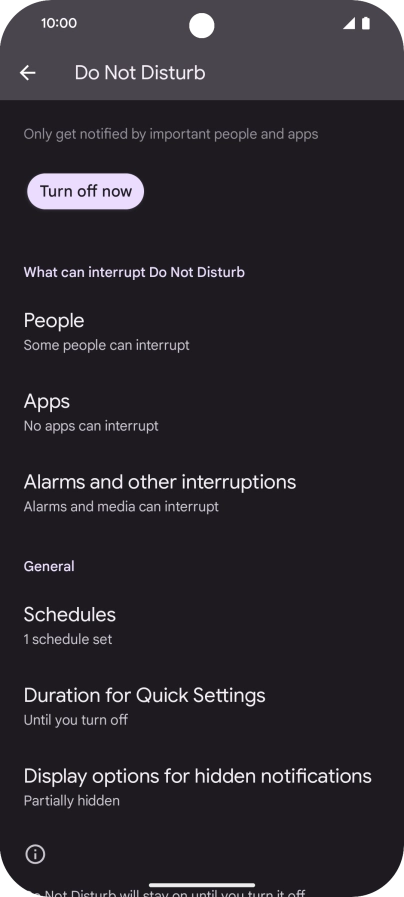 Press Turn on now to turn the function on or off.