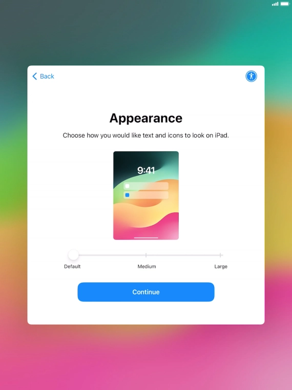 Select the required text and icon size on your tablet and press Continue.