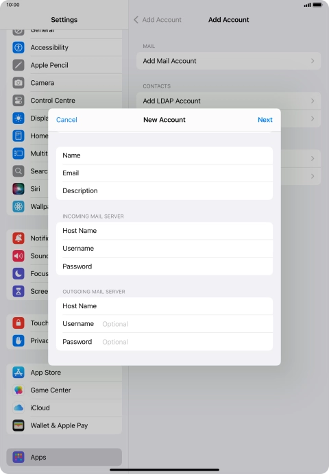 Press Username and key in the username for your email account.