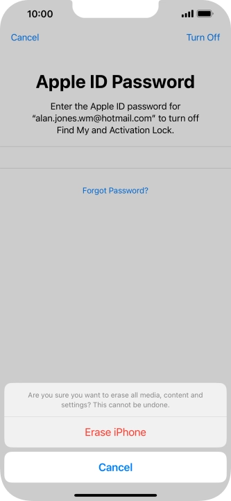 Key in the password for your Apple ID and press Erase iPhone. Wait a moment while the factory default settings are restored. Follow the instructions on the screen to set up your phone and prepare it for use.