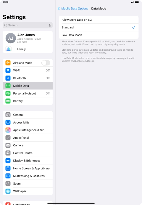 Press the required setting to turn the function on or off.