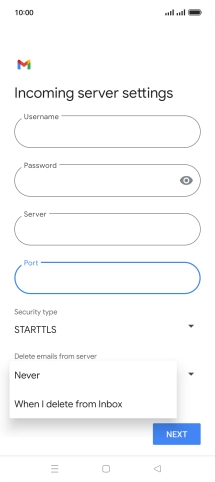 Press Never to keep email messages on the server when you delete them on your phone.