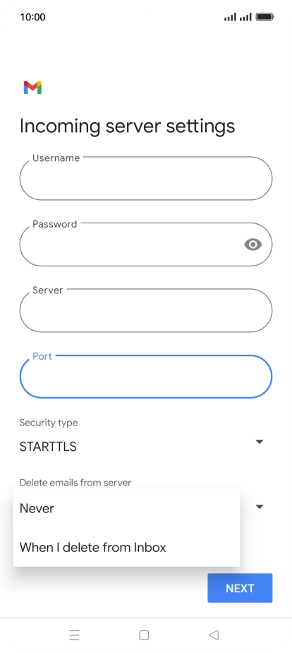 Press Never to keep email messages on the server when you delete them on your phone.
