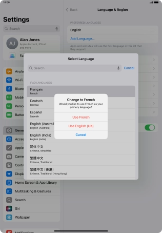 To select the new language as the default tablet language, press Use ‹language›. To select the new language as the default tablet language, press Use ‹language›.