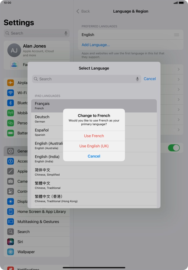 To select the new language as the default tablet language, press Use ‹language›. To select the new language as the default tablet language, press Use ‹language›.