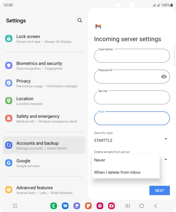 Press Never to keep email messages on the server when you delete them on your phone.