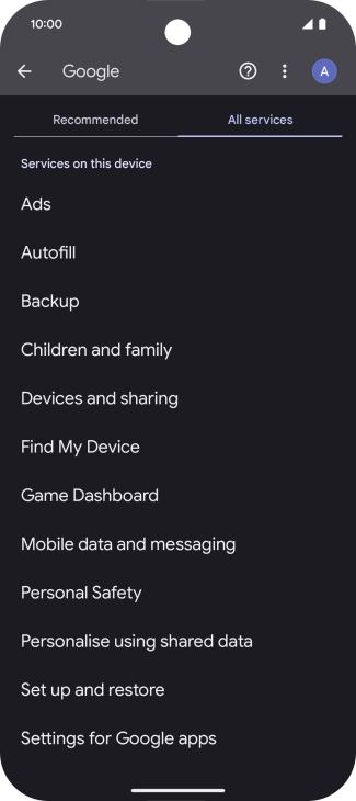 Press Settings for Google apps.