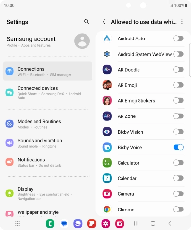 Press the indicators next to the required apps to turn the function on or off.