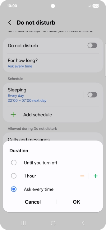 Press the required setting.