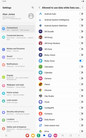 Press the indicators next to the required apps to turn the function on or off.