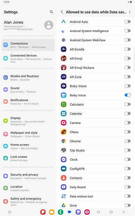 Press the indicators next to the required apps to turn the function on or off.