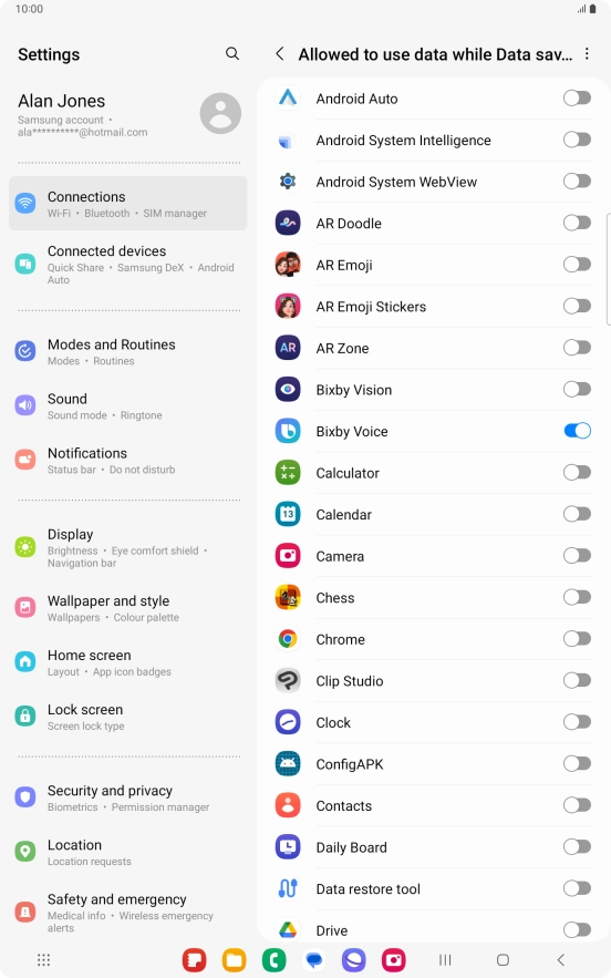 Press the indicators next to the required apps to turn the function on or off.