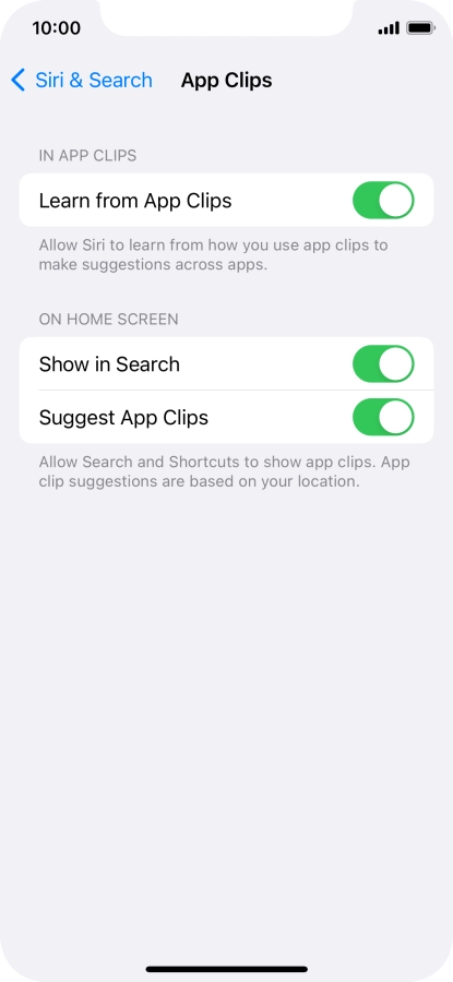 Press the indicators next to the required settings to turn them on or off.