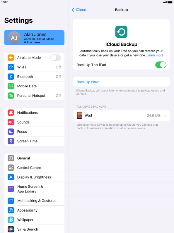 Press Back Up Now and wait while the tablet memory is backed up.