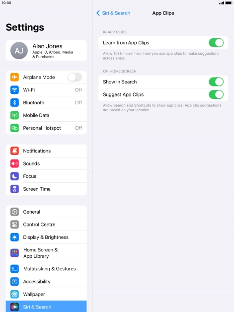 Press the indicators next to the required settings to turn them on or off.