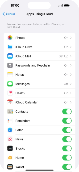 Press the indicators next to the required data types to turn synchronisation of each data type on or off.