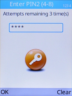 Key in your PIN2 and press the Left selection key. The default PIN2 is 1111.