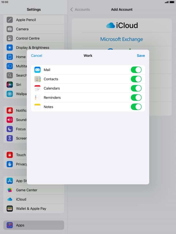 Press the indicators next to the required data types to turn synchronisation of each data type on or off.