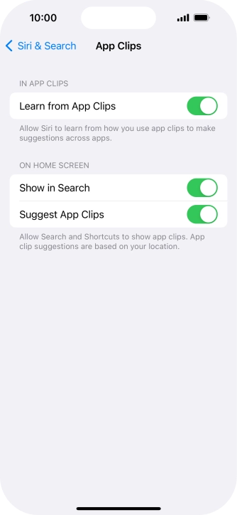 Press the indicators next to the required settings to turn them on or off.