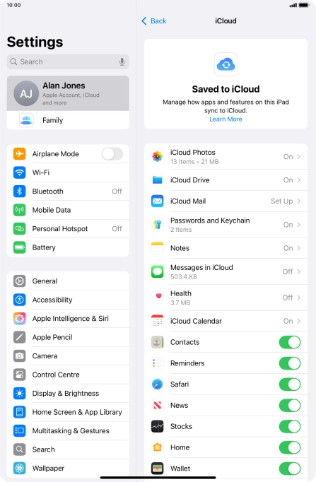 Press the indicators next to the required data types to turn synchronisation of each data type on or off.