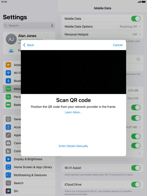 Place the QR code you've received inside the tablet camera frame to scan the code. Your eSIM is transferred to your new tablet over the internet.