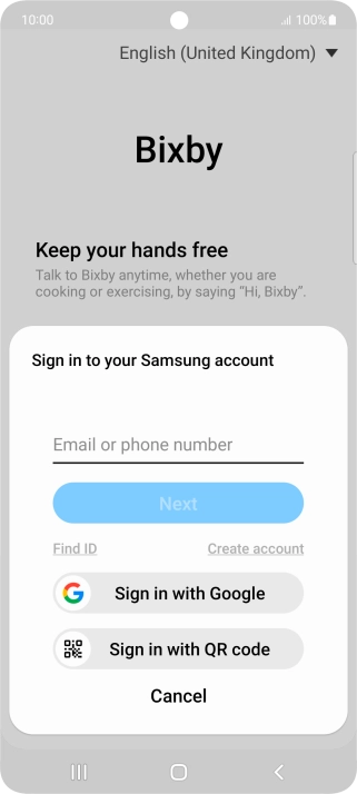 If you don't have a Samsung account, press Create account and follow the instructions on the screen to create an account.