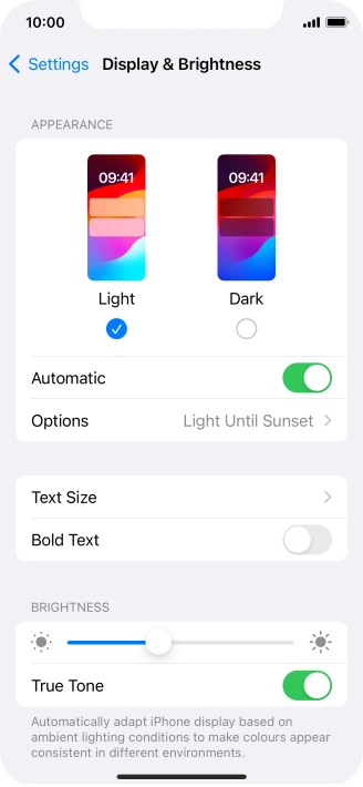 If you turn on the function, press Options and follow the instructions on the screen to select the required period of time for Dark Mode.