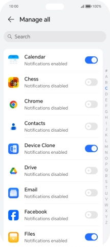 Press the indicators next to the required apps to turn the function on or off.