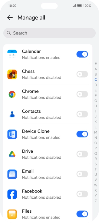 Press the indicators next to the required apps to turn the function on or off.