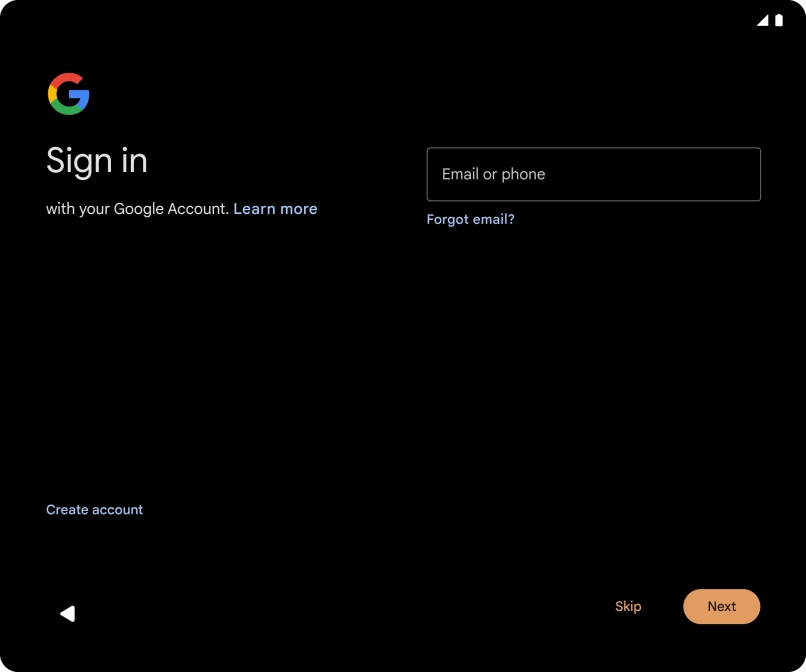 Press Email or phone and key in the username for your Google account.