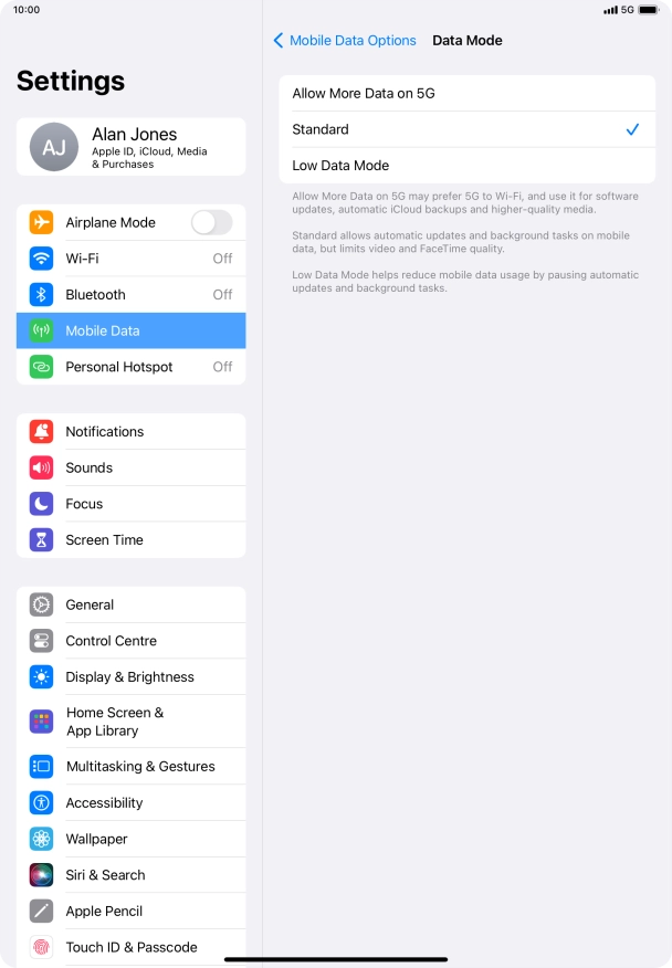 Press the required setting to turn the function on or off.