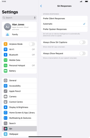 Press the required setting.