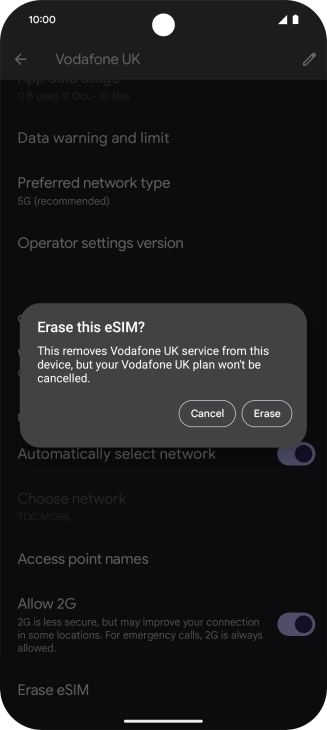 Press Erase and follow the instructions on the screen to delete your eSIM.