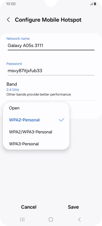 Press WPA3-Personal to password protect your Wi-Fi hotspot. Press WPA3-Personal to password protect your Wi-Fi hotspot.