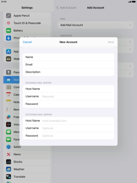 Press Username and key in the username for your email account.