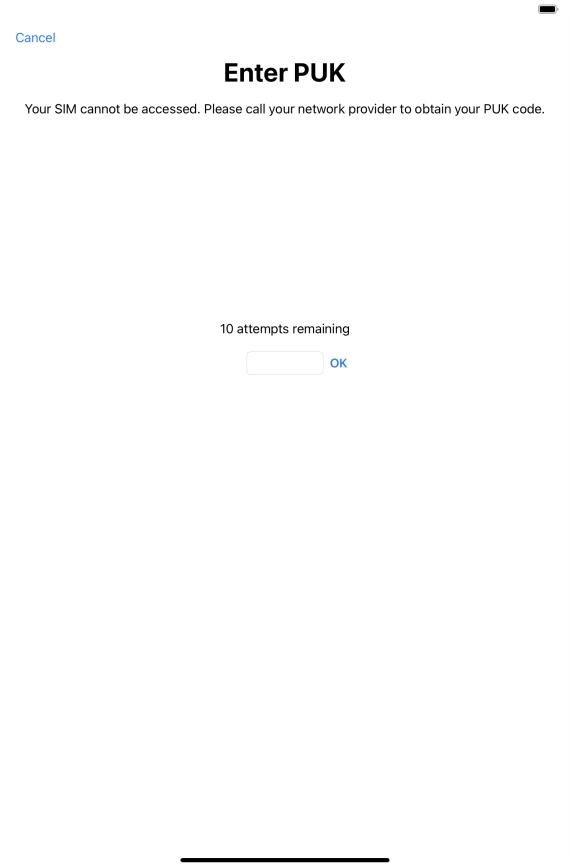 Key in the PUK and press OK.