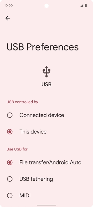 Press File transfer/Android Auto. Press File transfer/Android Auto.