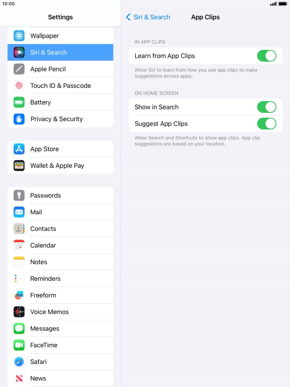 Press the indicators next to the required settings to turn them on or off.