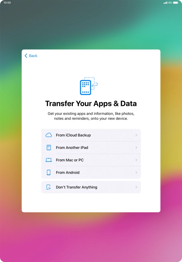 You can restore content from an iCloud backup when your tablet is activated for the first time and after a factory reset. When this screen is displayed, your tablet is ready to restore content from an iCloud backup.