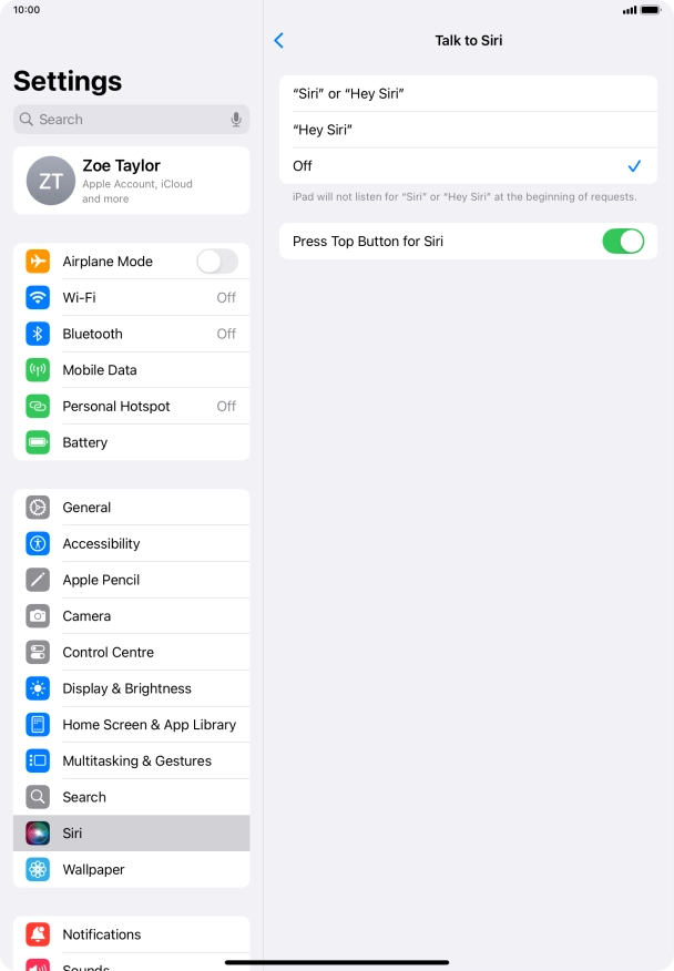 Press the required setting to turn the function on or off. If you turn on the function, you need to follow the instructions on the screen to set up Siri to recognise your voice.
