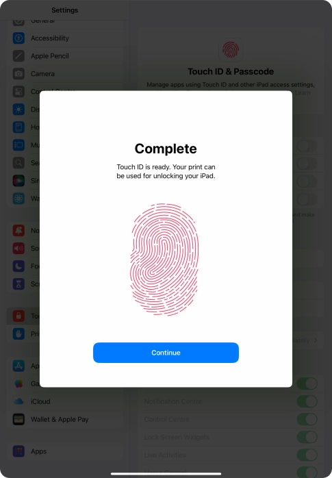 Press Continue. If you haven't previously selected a lock code, key in a code of your own choice twice.