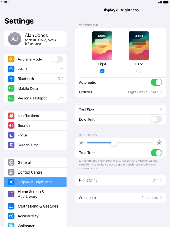 If you turn on the function, press Options and follow the instructions on the screen to select the required period of time for Dark Mode.